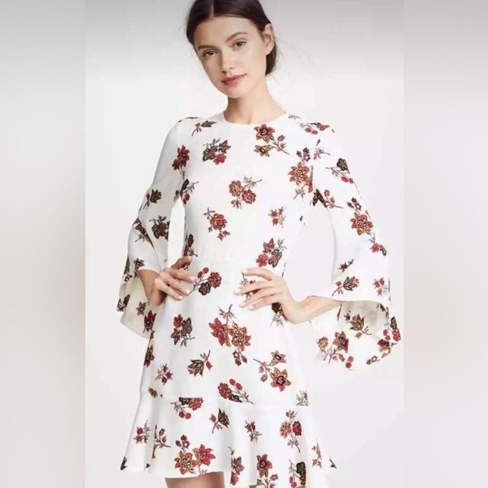 A.L.C. Cassidy Silk Mini Ruffle Dress - White with Red Floral  Size 12 NWT